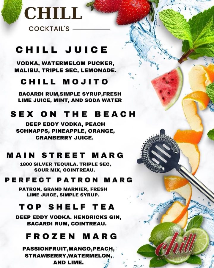 A menu of the cocktail bar called chill juice.